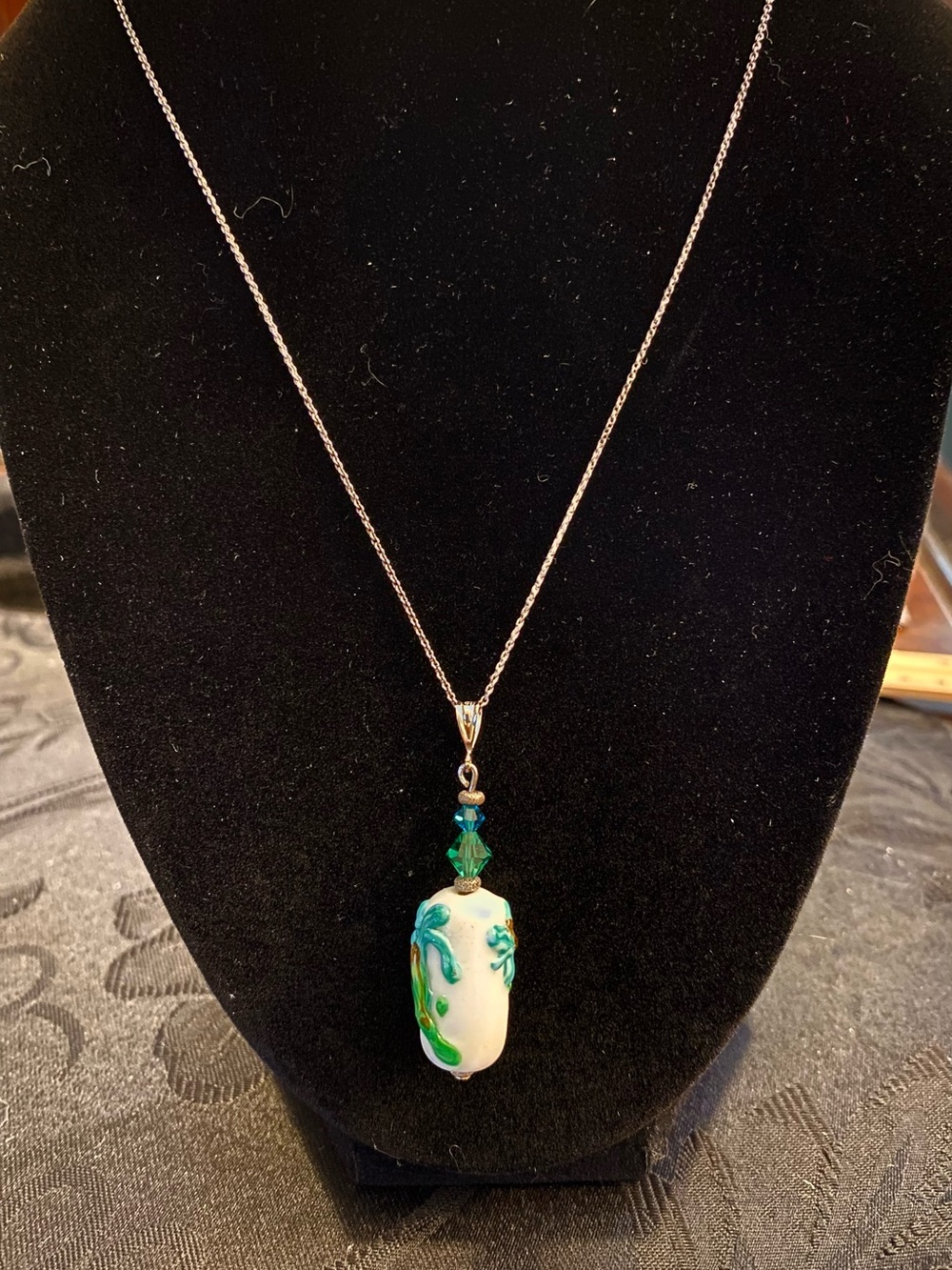 Art Glass White Artisan Pendant With Teal Flowers And Sterling Silver Hardware